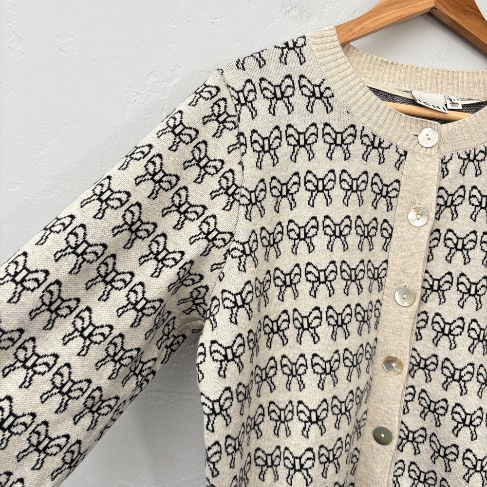 ICHI Ihbrielle Knit Cardigan Women Size Medium Bows Beige Black Button Up - Picture 5 of 15